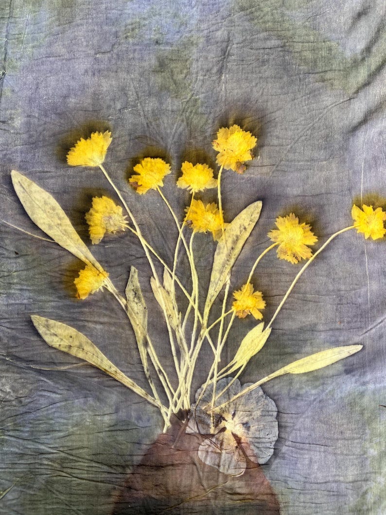 May include: A textile piece featuring a botanical print of yellow flowers with long, slender green leaves on a mottled, dark grey-blue fabric background. The design includes a dark, rounded shape at the base from which the stems emerge.