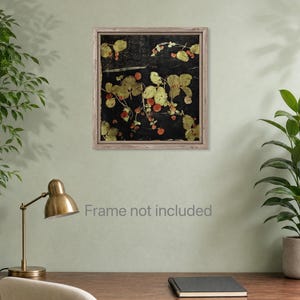 May include: A square wall art print featuring a botanical arrangement of pressed strawberry plants with green leaves and small red berries set against a solid black background, enclosed within a light brown wooden frame.