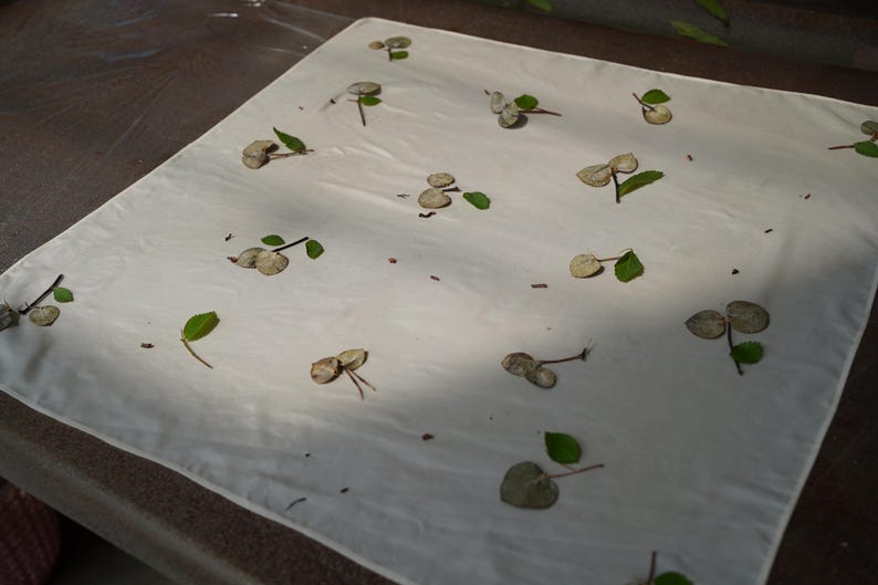 May include: A square off-white fabric cloth decorated with a scattered pattern of small, dried, circular seed pods and individual bright green leaves. The botanical elements are arranged across the smooth, light-colored textile surface.
