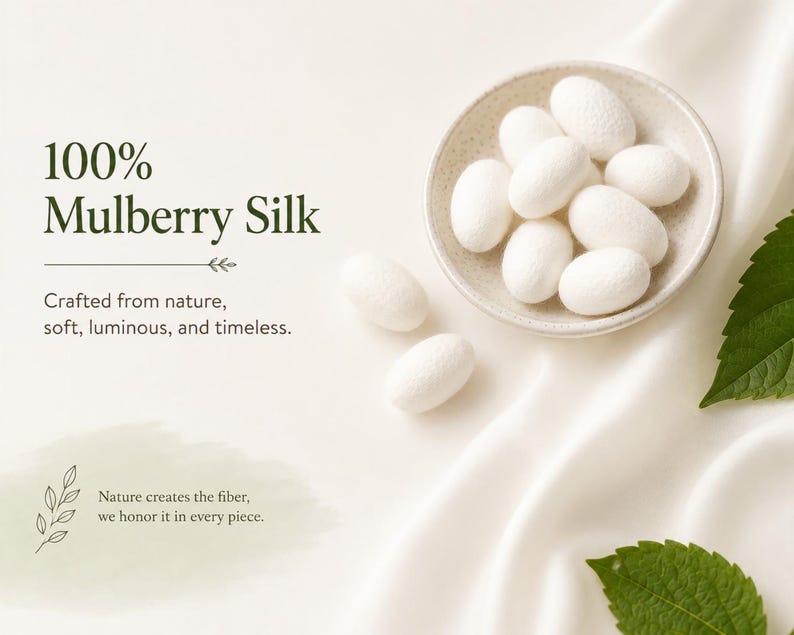 May include: A small ceramic bowl filled with white mulberry silk cocoons, accompanied by two loose cocoons and green leaves. The text reads 100% Mulberry Silk, Crafted from nature, soft, luminous, and timeless, and Nature creates the fiber, we honor it in every piece.
