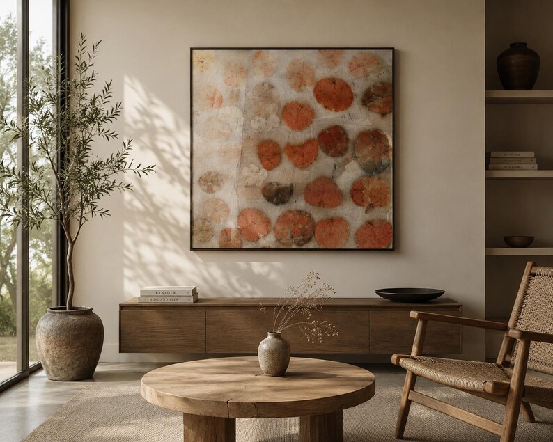 May include: A square wall art piece featuring a repeating pattern of circular, orange-toned botanical leaf prints on a light, textured background, enclosed within a thin, dark frame. The artwork displays a series of organic, rounded shapes.