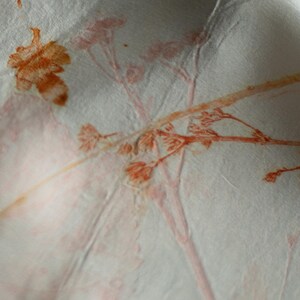 May include: A white fabric surface featuring a botanical print with orange and reddish-brown plant silhouettes. The material has a visible, slightly crinkled texture, and the delicate, detailed imprints of stems, leaves, and small flowers are scattered across the light-colored textile.