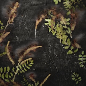 May include: A dark, textured surface featuring a botanical print with green pinnate leaves and elongated, rust-colored floral spikes. The background is a deep, mottled black with subtle creases and variations in tone throughout the material.