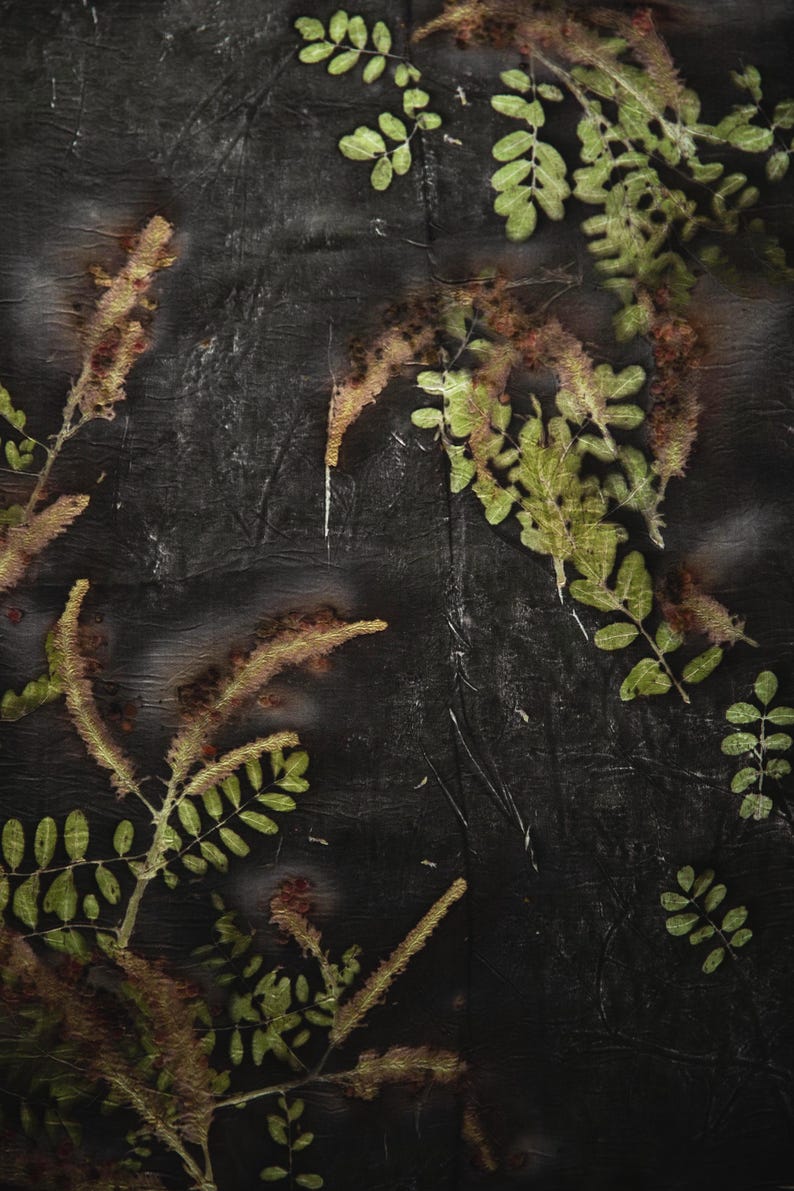 May include: A dark, textured surface featuring a botanical print with green pinnate leaves and elongated, rust-colored floral spikes. The background is a deep, mottled black with subtle creases and variations in tone throughout the material.