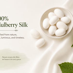 May include: A small ceramic bowl filled with white mulberry silk cocoons, accompanied by two loose cocoons and green leaves. The text reads 100% Mulberry Silk, Crafted from nature, soft, luminous, and timeless, and Nature creates the fiber, we honor it in every piece.
