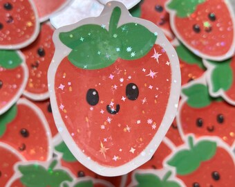 Cute Strawberry Holographic Vinyl Sticker, Kawaii Sparkle Sticker Food