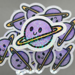 Cute Planet Holographic Sticker - Vinyl Sparkly Space Sticker - Planner Stationery Item Gift Idea Kawaii Planet