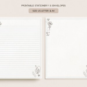 May include: Printable stationery and envelopes in US Letter and A4 sizes. The design features a hand holding a flower with a heart and other floral elements in the corners.