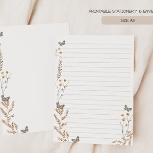 Mariposas elegantes / Papelería y sobres imprimibles / A5 / Papel de escritura de cartas digitales forrado y sin forro / FL02