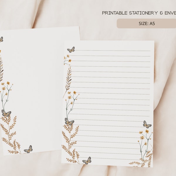 Elegant Butterflies | Printable Stationery & Envelopes | A5 | Lined, Unlined Digital Letter Writing Paper | FL02