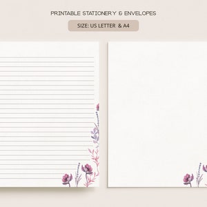 Fiori rosa viola / Cancelleria e buste stampabili / A4, Lettera USA 8,5x11 pollici / Carta da lettere digitale a righe, senza righe / FL06
