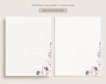 Pink Purple Florals | Printable Stationery & Envelopes | A4, US Letter 8.5x11 in | Lined, Unlined Digital Letter Writing Paper | FL06