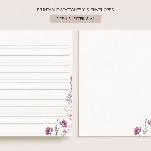 Pink Purple Florals | Printable Stationery & Envelopes | A4, US Letter 8.5x11 in | Lined, Unlined Digital Letter Writing Paper | FL06
