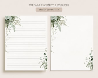 Botanical, Fern, Leaves | Printable Stationery & Envelopes | A4, US Letter 8.5x11 in | Lined, Unlined Digital Letter Writing Paper | NA21