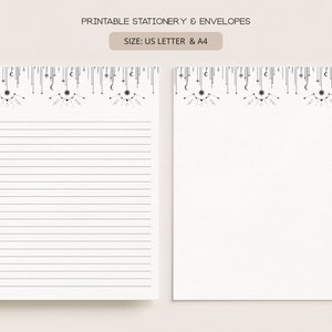 May include: Printable stationery and envelopes in US Letter and A4 sizes. The design features a black and white repeating pattern of stars, moons, and geometric shapes at the top of the page.