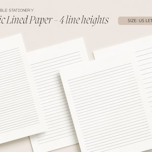Basic gevoerd briefschrijfpapier, 4-regelhoogtes | Effen US Letter Afdrukbaar Brief Brief | Lined Digital Journal Paper | Notepad Paper | 4US