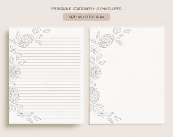 Printable Stationery Set With Envelopes | Lined Unlined Digital Letter Writing Paper | A4, US Letter 8.5x11 | Minimal Line Peonies MIN10
