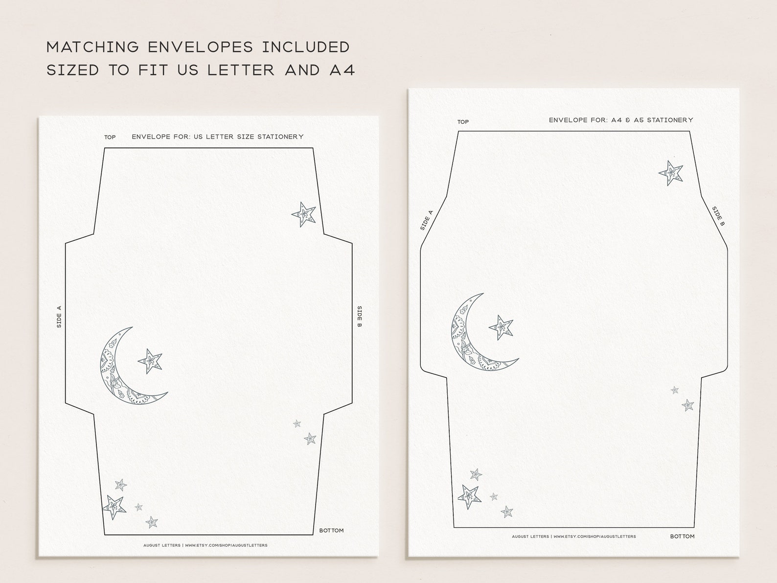 Moon and Stars Printable Stationery &amp; Envelopes A4 US - Etsy