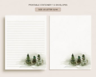 Forest Trees | Printable Stationery & Envelopes | A4, US Letter 8.5x11 in | Lined, Unlined Digital Letter Writing Paper | NA02