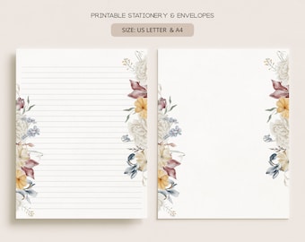 Winter Florals | Printable Stationery & Envelopes | A4, US Letter 8.5x11 in | Lined, Unlined Digital Letter Writing Paper | FL04