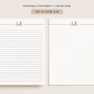 Druckbares Briefpapier Set mit Umschlägen | Gefüttert Unliniertes Digitales Briefpapier | A4, US Letter 8,5x11 | Minimalist Hello MIN11