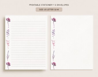 Printable Stationery Set With Envelopes | Lined Unlined Digital Letter Writing Paper | A4, US Letter 8.5x11 | Pink Purple Florals | FL17