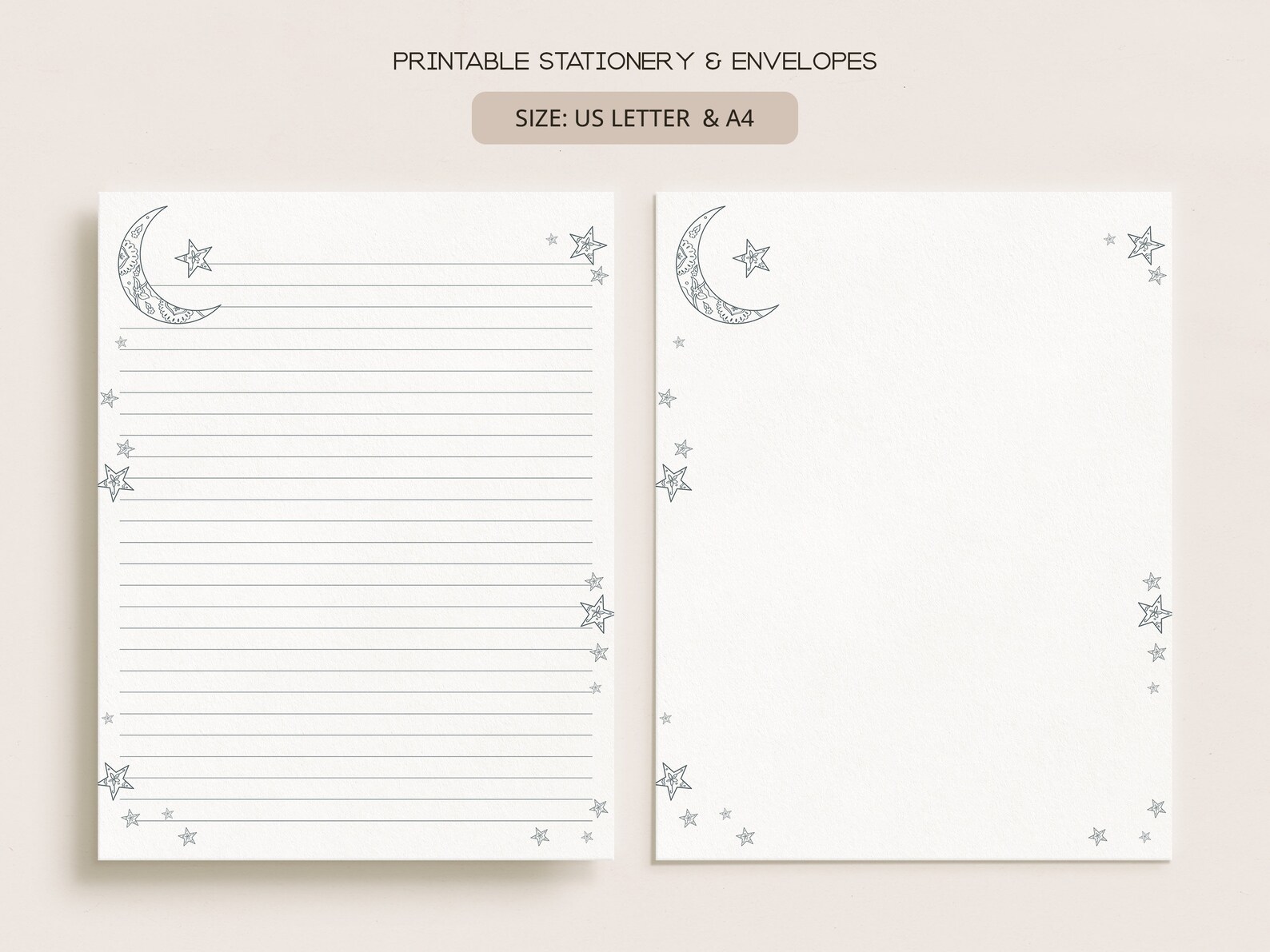 Moon and Stars Printable Stationery &amp; Envelopes A4 US - Etsy