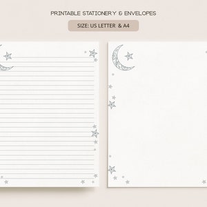Moon and Stars  | Printable Stationery & Envelopes | A4, US Letter 8.5x11 in | Lined, Unlined Digital Letter Writing Paper | CE04