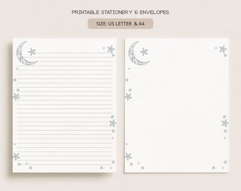 Moon and Stars  | Printable Stationery & Envelopes | A4, US Letter 8.5x11 in | Lined, Unlined Digital Letter Writing Paper | CE04