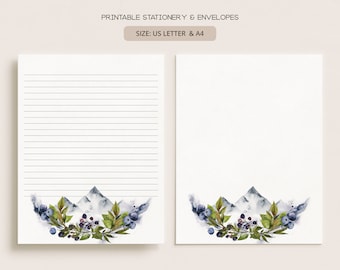 Blueberry Mountain | Printable Stationery & Envelopes | A4, US Letter 8.5x11 in | Lined, Unlined Digital Letter Writing Paper | NA23