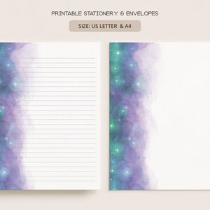 Conjunto de papelería imprimible con sobres / Papel de escritura de cartas digitales sin forro forrado / A4, Carta de EE. UU. 8.5x11 / Galaxy Border Celestial GAL01