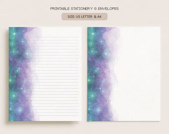 Printable Stationery Set With Envelopes | Lined Unlined Digital Letter Writing Paper | A4, US Letter 8.5x11 | Galaxy Border Celestial GAL01