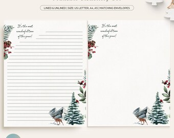 May include: Printable stationery set with a winter theme. The lined paper features a watercolor illustration of a snowy forest with a deer, pine trees, and red berries. The unlined paper features the same illustration but without the lines. The text on the paper reads "It's the most wonderful time of the year!"