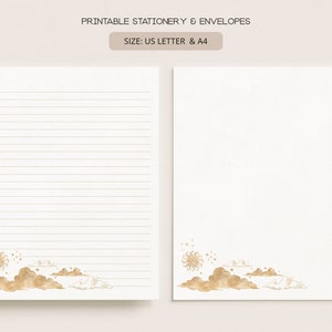 May include: Printable stationery and envelopes in US Letter and A4 sizes. The design features a gold-colored illustration of clouds and a sun with stars in the bottom corner.