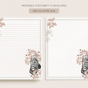 Jungle Zebra / Papelería y sobres imprimibles / A4, Carta de EE. UU. 8.5x11 in / Papel de escritura de cartas digitales forrado y sin forro / JU04