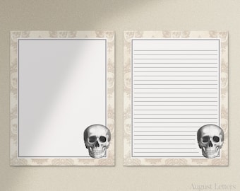 Cráneo de marfil, Papel de escritura de cartas imprimibles de Halloween / A4, 8.5x11 / Forrado sin forro / Papel de papelería digital / Papelería esqueleto