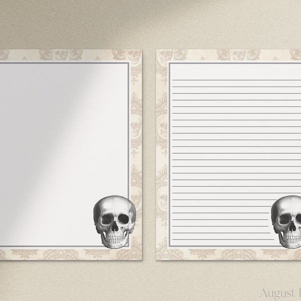 Ivory Skull , Halloween Printable Letter Writing Paper / A4, 8.5x11 / Lined Unlined / Digital Stationery Paper / Skeleton Stationery