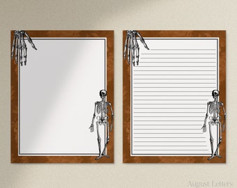 Esqueleto de Damasco, Papel de escritura de cartas imprimibles de Halloween / A4, 8.5x11 / Forrado sin forro / Papel de papelería digital / Papelería de Halloween