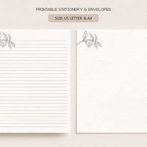 Hoja minimalista / Papelería y sobres imprimibles / A4, Carta de EE. UU. 8.5x11 in / Papel de escritura de cartas digitales forrado y sin forro / MIN07
