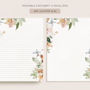 Conjunto de papelería imprimible con sobres / Papel de escritura de cartas digitales sin forro forrado / A4, Carta de EE. UU. 8.5x11 / Spring Lilies Florals FL19