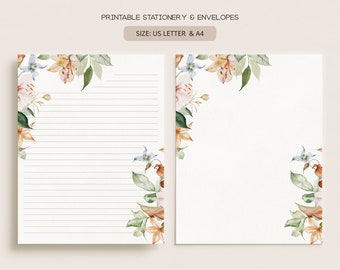 beautiful paper for writing Printable Stationery Set With Envelopes | Lined Unlined Digital Letter Writing Paper | A4, US Letter 8.5x11 | Spring Lilies Florals FL19