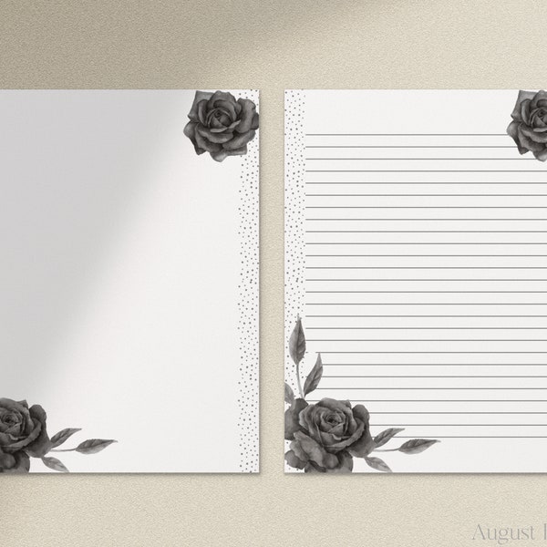 Black Roses, Gothic Halloween, Printable Letter Writing Paper / A4, 8.5x11 / Lined Unlined / Digital Stationery Paper / Watercolor Roses