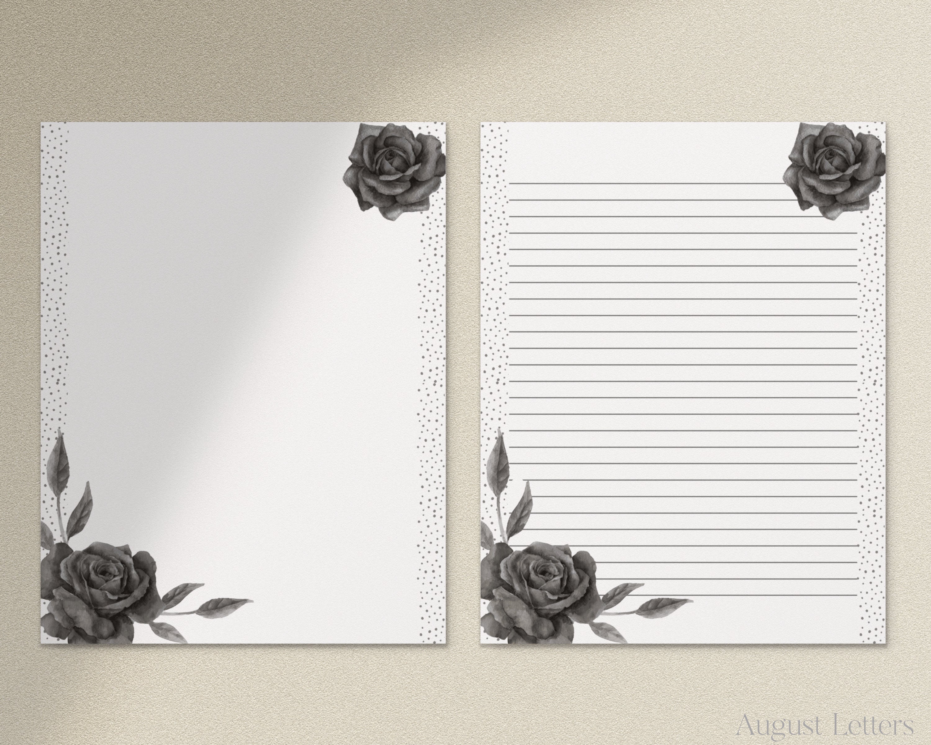 Black Roses, Gothic Halloween, Printable Letter Writing Paper / A4, 8.5x11  / Lined Unlined / Digital Stationery Paper / Watercolor Roses 