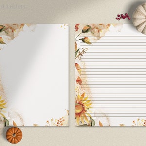 Papel de escritura de cartas imprimible de girasol de otoño / A4, 8.5x11 / Forrado sin forro / Papel de papelería digital / Descarga instantánea