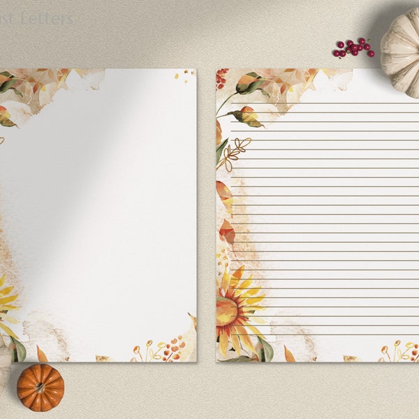 Autumn Sunflower Printable Letter Writing Paper / A4, 8.5x11 / Lined Unlined / Digital Stationery Paper / Instant Download