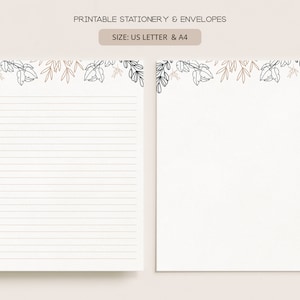Conjunto de papelería imprimible con sobres / Papel de cuaderno de escritura de cartas digitales sin forro forrado / A4, Carta de EE. UU. 8.5x11 / Boho Line Art NA24