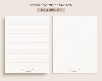 May include: Printable stationery and envelopes in US Letter and A4 sizes. The stationery has lined paper with a delicate floral design at the bottom. The envelope is blank.