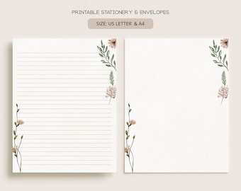 Elegant Blooms | Printable Stationery & Envelopes | A4, US Letter 8.5x11 in | Lined, Unlined Digital Letter Writing Paper | FL01