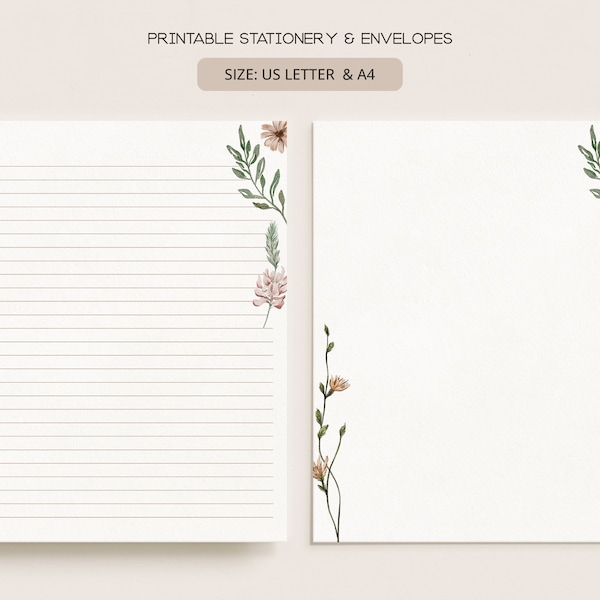 Elegant Blooms | Printable Stationery & Envelopes | A4, US Letter 8.5x11 in | Lined, Unlined Digital Letter Writing Paper | FL01