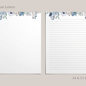 Papel de papelería imprimible / A4, 8.5x11 / Forrado sin forro / Papel de escritura de cartas digitales / Sobre / Flores azules / Descarga instantánea
